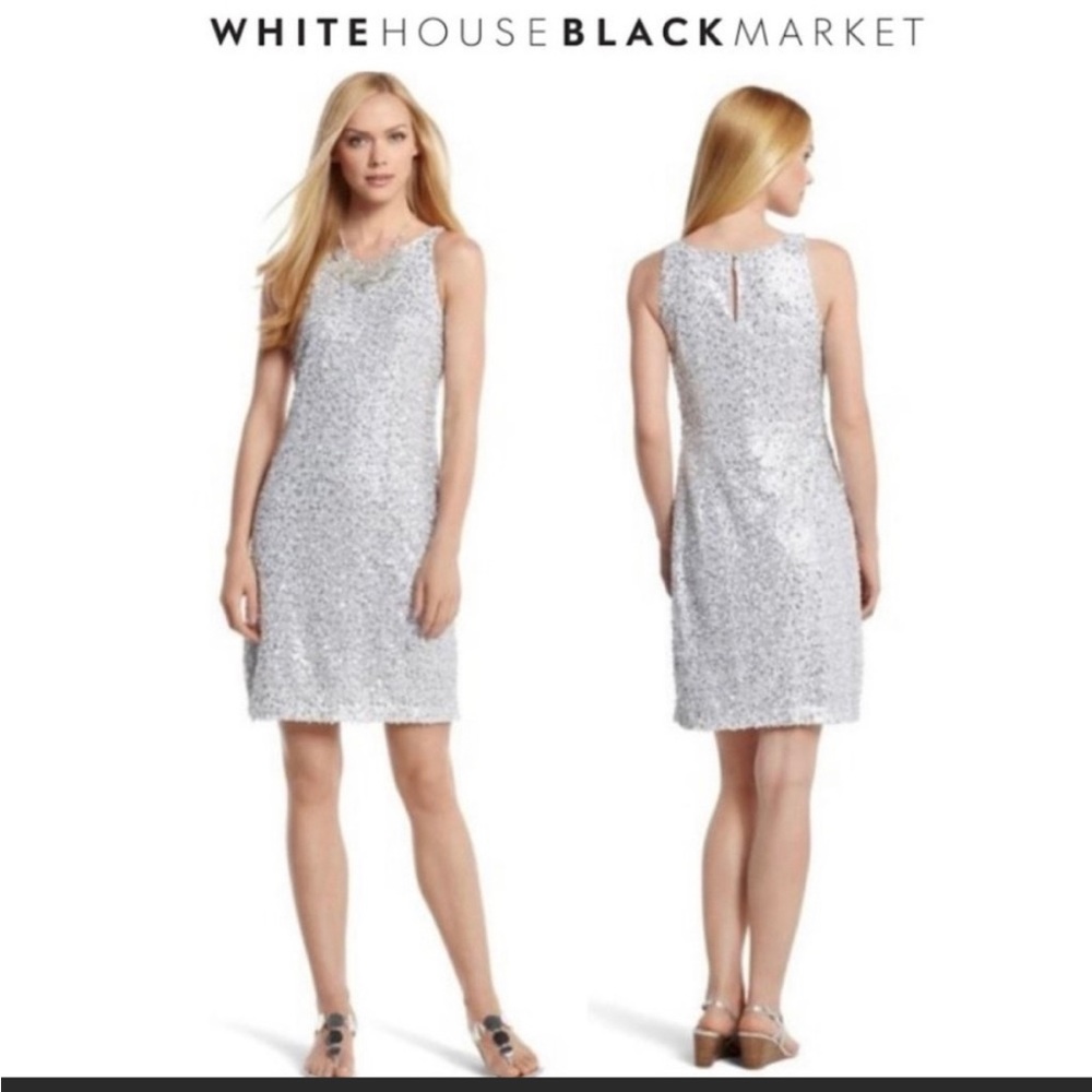 Excellent Condition White House Black Market Silver Sequin Party Dress Size 12